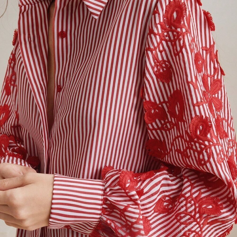 Multicolor Casual Women's Loose & Striped Patchwork Embroidered Shirt - Picture 2 of 8